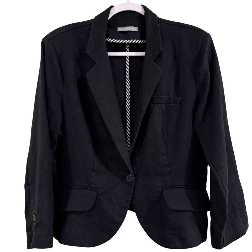 Olivia Moon Blazer Women Large Black 100% Linen Single Button Lightweight Office